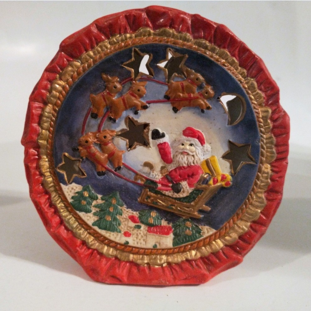 Vintage Gift Collection Porcelain Santa Reindeer Tea Light Candle Holder Red